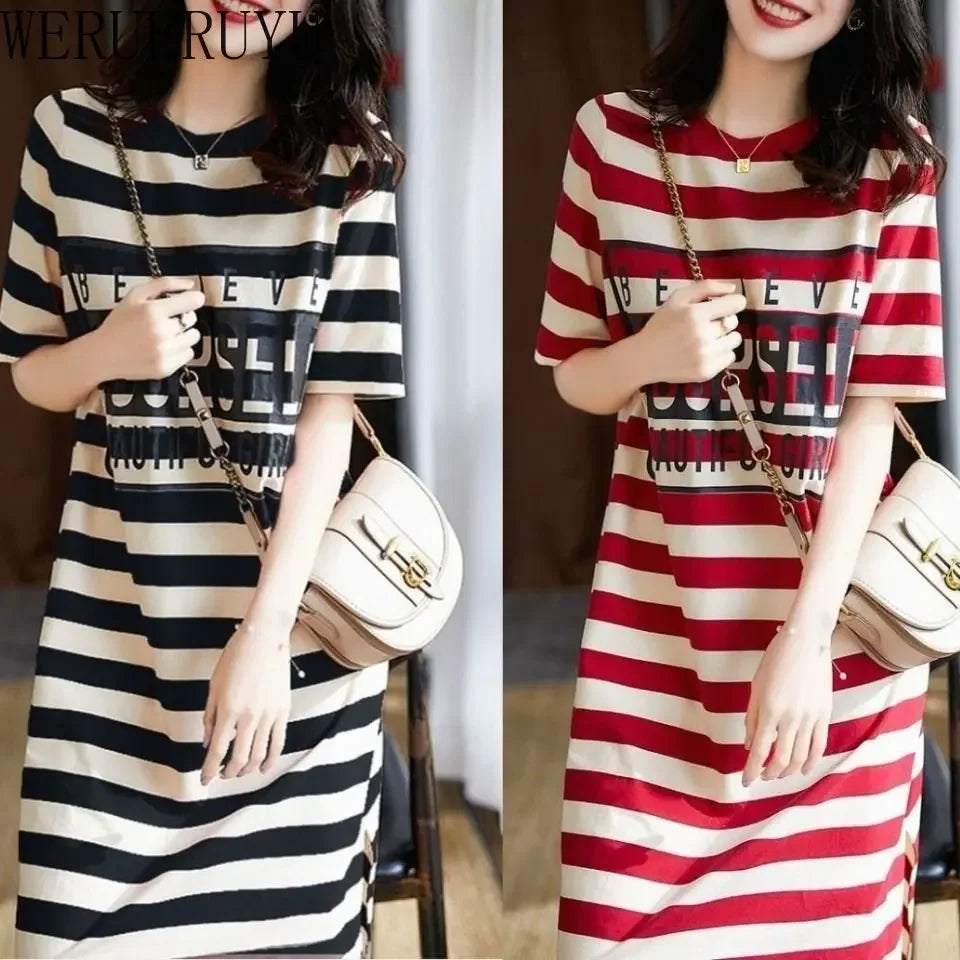 LVSANW Striped Print Short Sleeve Midi Dress Summer Aesthetic Clothes Korean Fashion Casual Harajuku Dresses for Women 2024 Vestidos