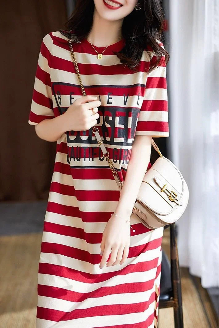 LVSANW Striped Print Short Sleeve Midi Dress Summer Aesthetic Clothes Korean Fashion Casual Harajuku Dresses for Women 2024 Vestidos