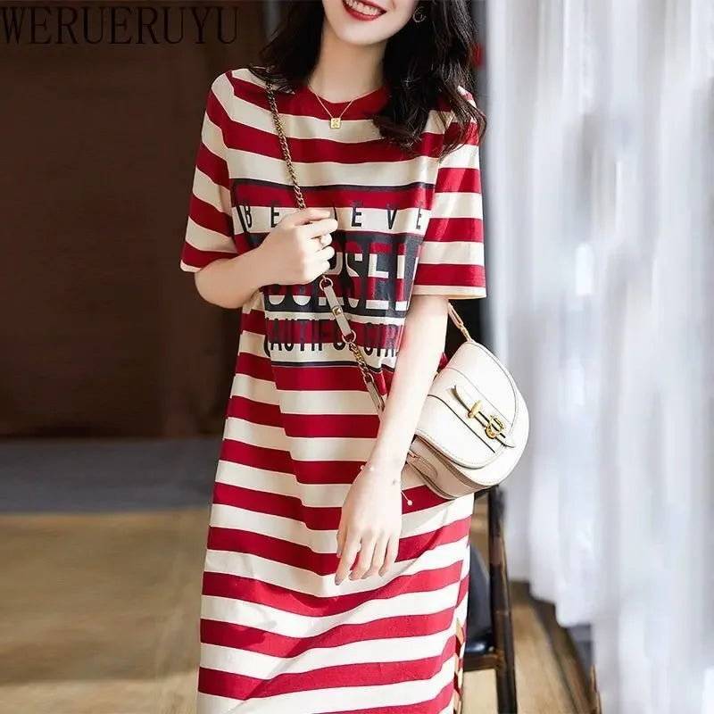 LVSANW Striped Print Short Sleeve Midi Dress Summer Aesthetic Clothes Korean Fashion Casual Harajuku Dresses for Women 2024 Vestidos