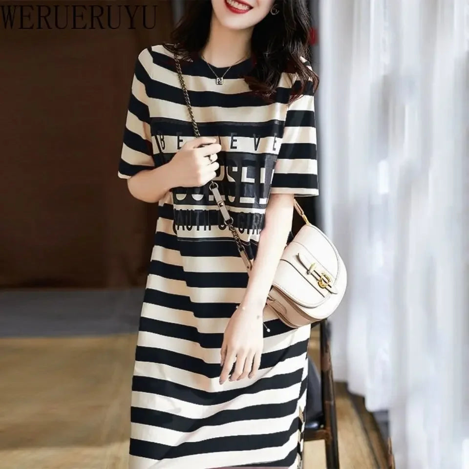 LVSANW Striped Print Short Sleeve Midi Dress Summer Aesthetic Clothes Korean Fashion Casual Harajuku Dresses for Women 2024 Vestidos