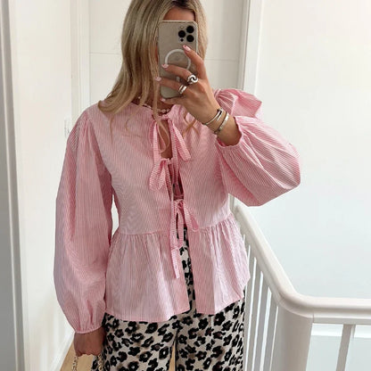 LVSANW Striped Shirt Women Tops Bow Tied Pleats Lace Up Button Blouses Puff Sleeve Hollow Out O-neck Blouses Summer Sweet Plaid Tops