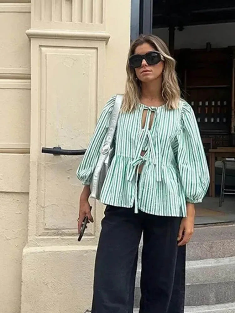 LVSANW Striped Shirt Women Tops Bow Tied Pleats Lace Up Button Blouses Puff Sleeve Hollow Out O-neck Blouses Summer Sweet Plaid Tops