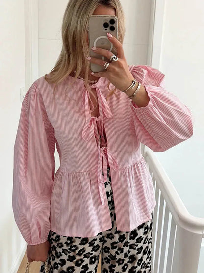 LVSANW Striped Shirt Women Tops Bow Tied Pleats Lace Up Button Blouses Puff Sleeve Hollow Out O-neck Blouses Summer Sweet Plaid Tops