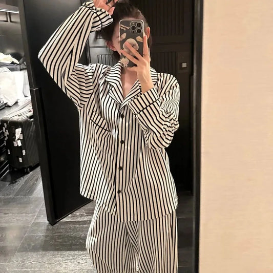 LVSANW Striped Sleepwear Women Pajama Sets Autumn Piiama Casual Pants Sets for Women 2 Pieces Button Korean Night Wears Home Suit 2024