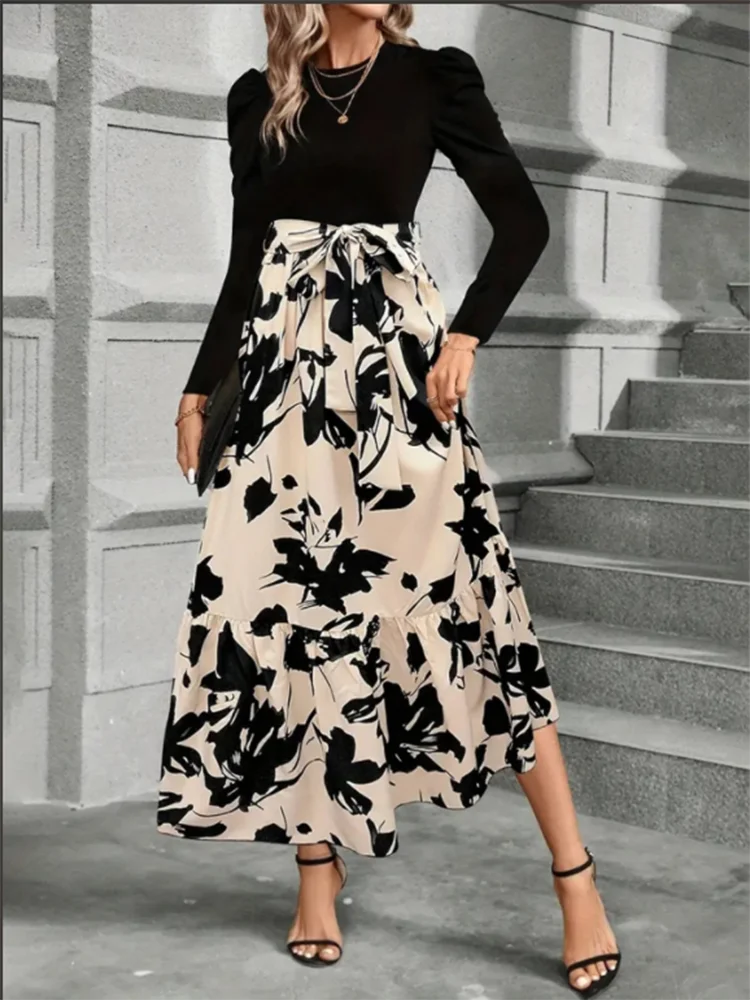 LVSANW Stylish Color Block Dresses Women Round Neck Long Sleeve Top Floral Printed Dress Autumn Lady Party A Line Dress