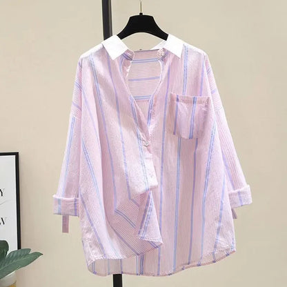 LVSANW Stylish Korean Version Loose-fit Casual Lightweight Summer Women's Shirt Bar Stripe Sun Protection Clothing Jacket