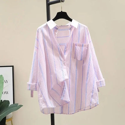 LVSANW Stylish Korean Version Loose-fit Casual Lightweight Summer Women's Shirt Bar Stripe Sun Protection Clothing Jacket