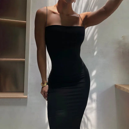 LVSANW Summer Black Sexy Dress Women Streetwear Sleeveless Backless Solid Spaghetti Strap Bodycon Casual Clubwear Elegant Party Dresses