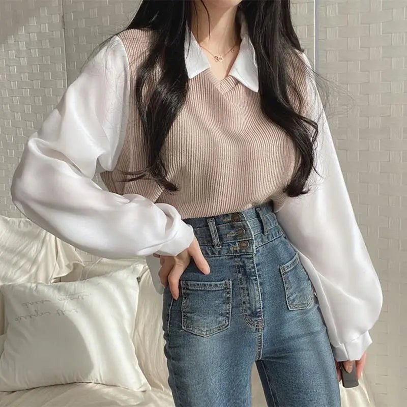 LVSANW Summer Blouse Women Korean Style False Two-piece Polo Collar Blouses Y2k Tops Streetwear Loose Youth Pullovers Elegant Shirt