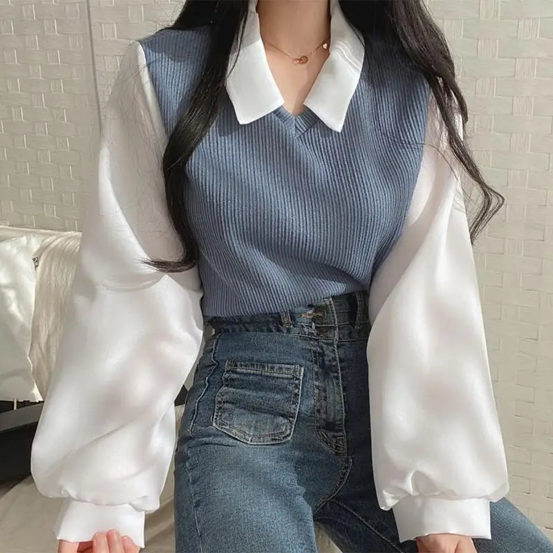 LVSANW Summer Blouse Women Korean Style False Two-piece Polo Collar Blouses Y2k Tops Streetwear Loose Youth Pullovers Elegant Shirt