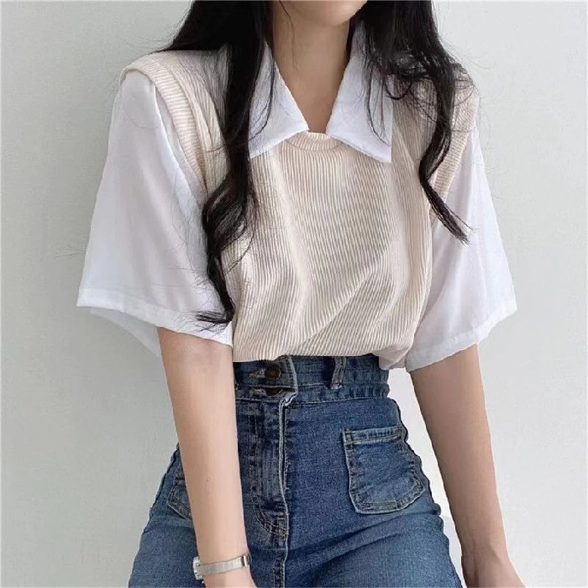 LVSANW Summer Blouse Women Korean Style False Two-piece Polo Collar Blouses Y2k Tops Streetwear Loose Youth Pullovers Elegant Shirt