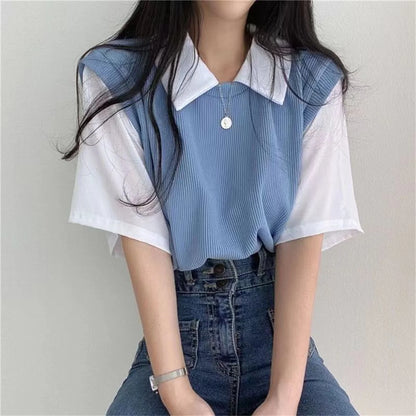 LVSANW Summer Blouse Women Korean Style False Two-piece Polo Collar Blouses Y2k Tops Streetwear Loose Youth Pullovers Elegant Shirt