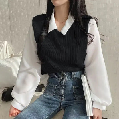 LVSANW Summer Blouse Women Korean Style False Two-piece Polo Collar Blouses Y2k Tops Streetwear Loose Youth Pullovers Elegant Shirt