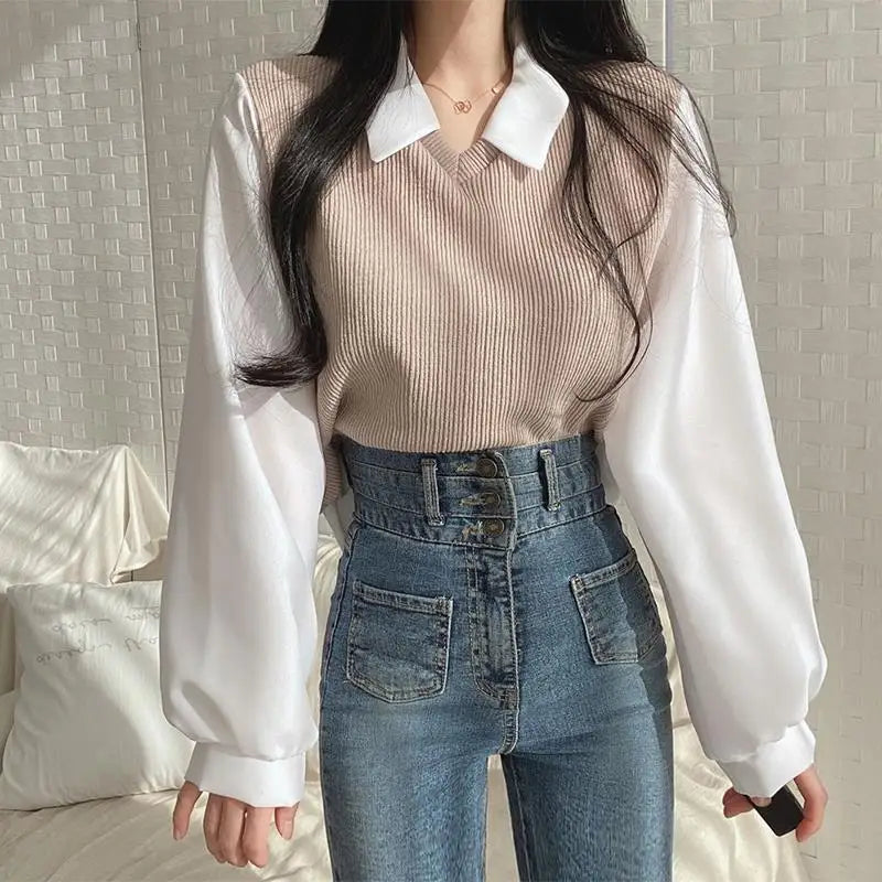 LVSANW Summer Blouse Women Korean Style False Two-piece Polo Collar Blouses Y2k Tops Streetwear Loose Youth Pullovers Elegant Shirt