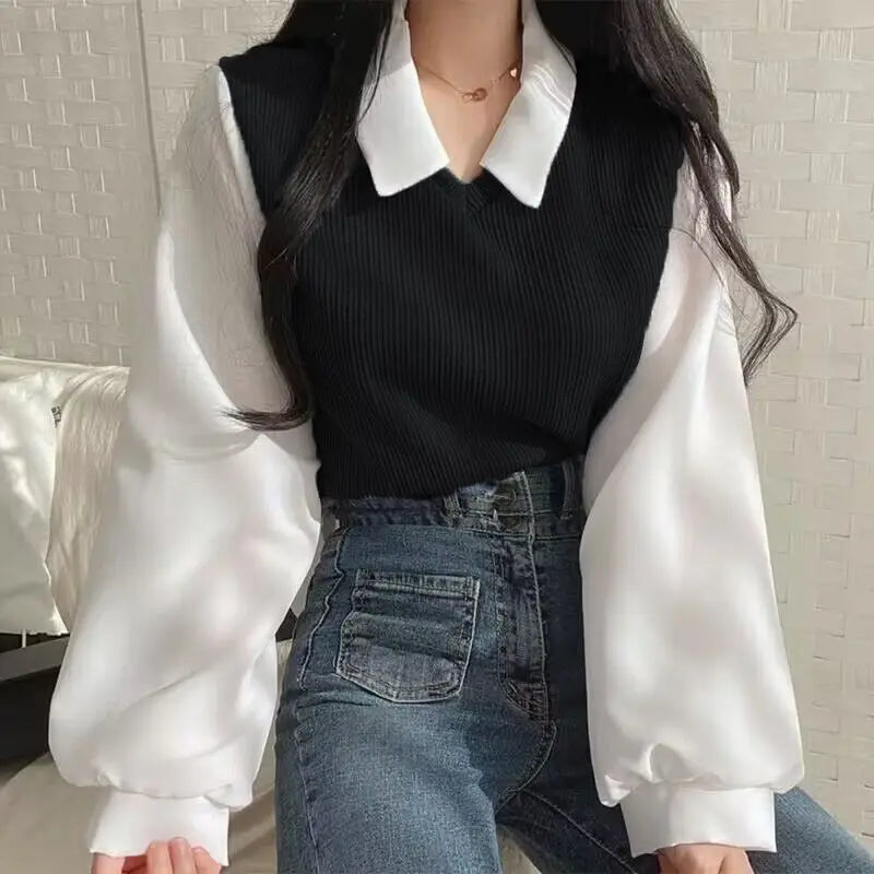 LVSANW Summer Blouse Women Korean Style False Two-piece Polo Collar Blouses Y2k Tops Streetwear Loose Youth Pullovers Elegant Shirt