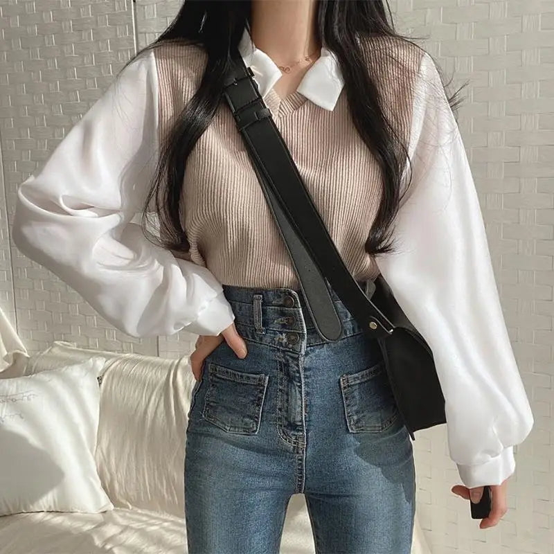 LVSANW Summer Blouse Women Korean Style False Two-piece Polo Collar Blouses Y2k Tops Streetwear Loose Youth Pullovers Elegant Shirt