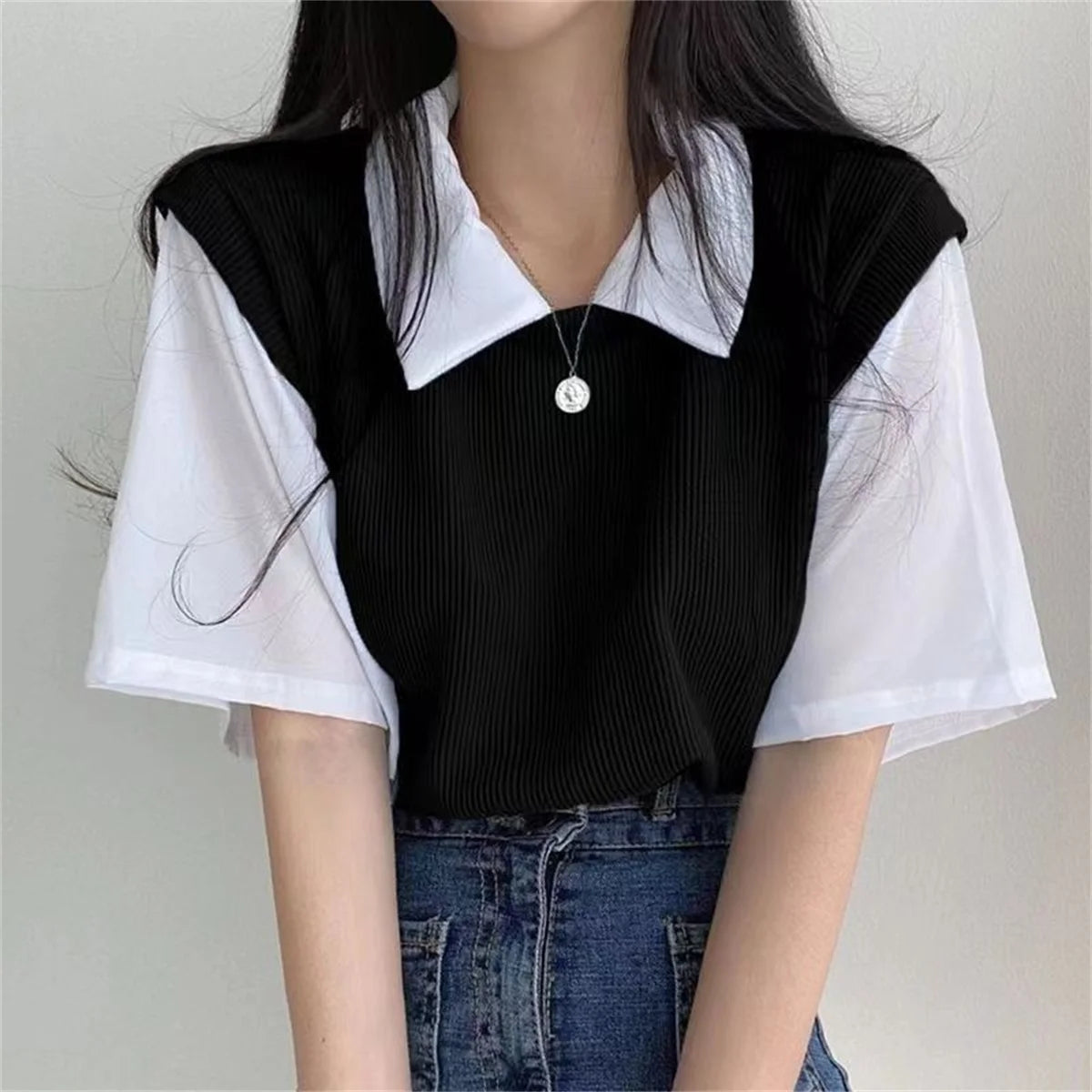 LVSANW Summer Blouse Women Korean Style False Two-piece Polo Collar Blouses Y2k Tops Streetwear Loose Youth Pullovers Elegant Shirt