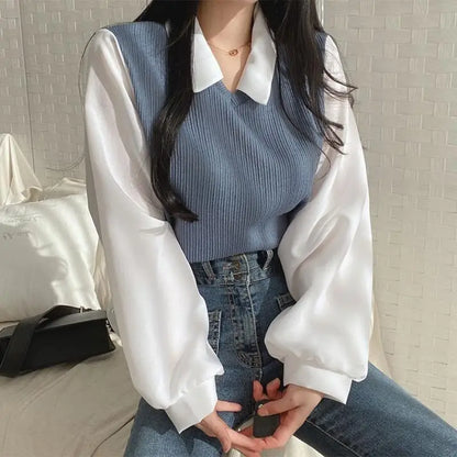 LVSANW Summer Blouse Women Korean Style False Two-piece Polo Collar Blouses Y2k Tops Streetwear Loose Youth Pullovers Elegant Shirt