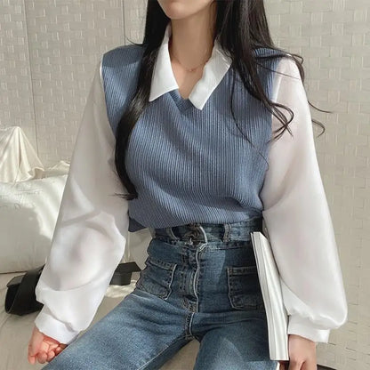 LVSANW Summer Blouse Women Korean Style False Two-piece Polo Collar Blouses Y2k Tops Streetwear Loose Youth Pullovers Elegant Shirt