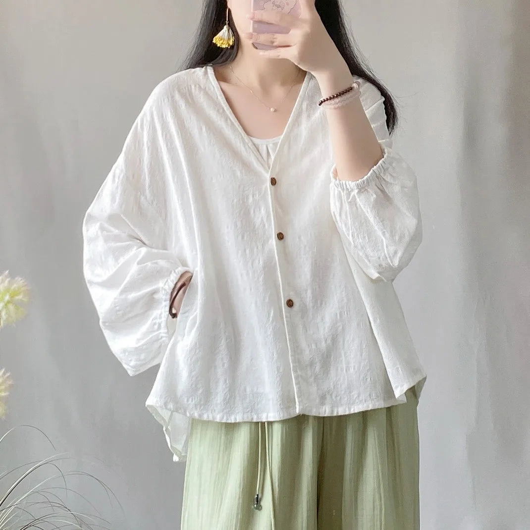 LVSANW Summer Cotton Linen Jacquard Cardigan Protection Women's Outerwear Artistic Loose Fit Slim Bat Sleeves Long Sleeveair Shirt