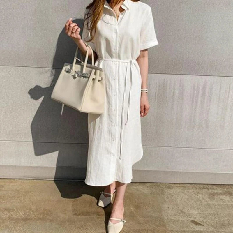 LVSANW Summer Cotton and Linen Long Dress Fashion New Polo Neck Single Breasted Shirt Dress Casual Simplicity Loose Lace-up Vestidos