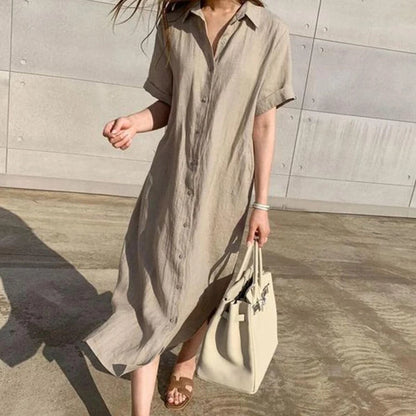 LVSANW Summer Cotton and Linen Long Dress Fashion New Polo Neck Single Breasted Shirt Dress Casual Simplicity Loose Lace-up Vestidos