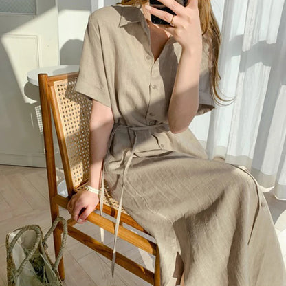 LVSANW Summer Cotton and Linen Long Dress Fashion New Polo Neck Single Breasted Shirt Dress Casual Simplicity Loose Lace-up Vestidos