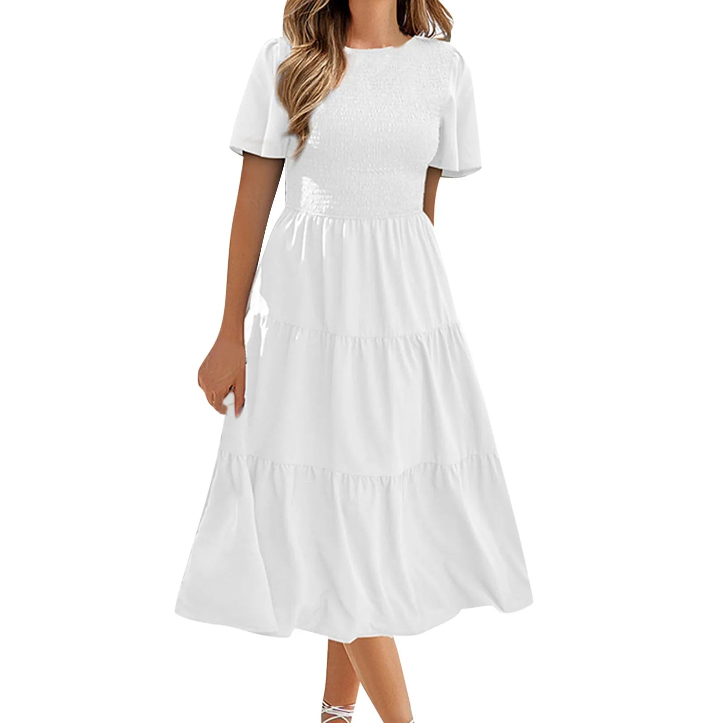 LVSANW Summer Dresses For Women Clothing 2024 Casual Flutter Short Sleeve V Neck Smocked Elastic Waist Tiered Midi Dress Dropshiping