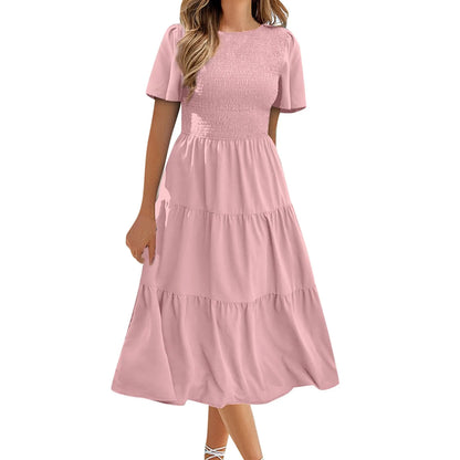 LVSANW Summer Dresses For Women Clothing 2024 Casual Flutter Short Sleeve V Neck Smocked Elastic Waist Tiered Midi Dress Dropshiping