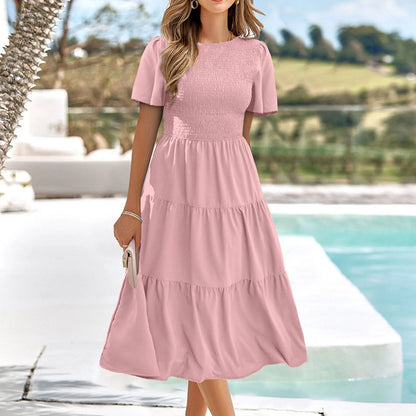 LVSANW Summer Dresses For Women Clothing 2024 Casual Flutter Short Sleeve V Neck Smocked Elastic Waist Tiered Midi Dress Dropshiping