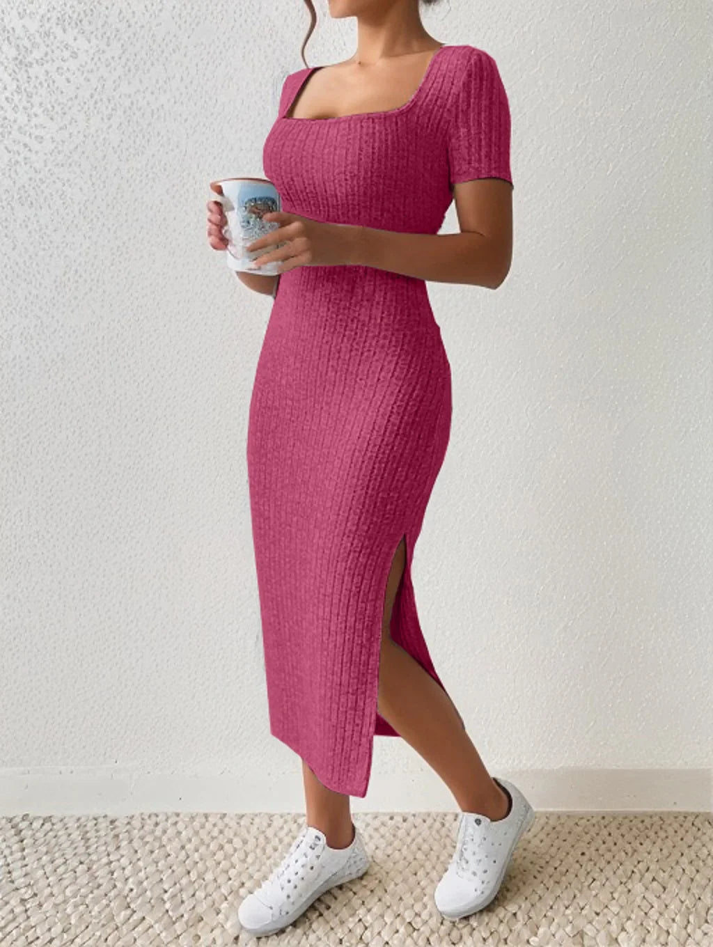 LVSANW Summer Dresses for Women square neck hip-covering mid-length skirt short-sleeved versatile knitted slit dress