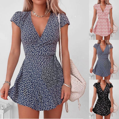 LVSANW Summer European And American Women's Clothing Floral Skirt Print Floral Half V-Neck Mini Sleeve Dress Women's Dress