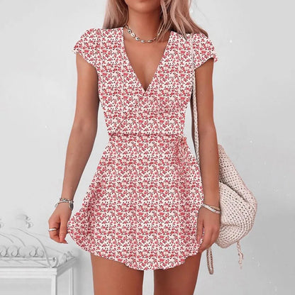 LVSANW Summer European And American Women's Clothing Floral Skirt Print Floral Half V-Neck Mini Sleeve Dress Women's Dress