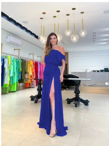 LVSANW Summer Fashion Elegant Oblique Neck Split Evening Dress Women Sexy Off Shoulder Solid Split Dress Women