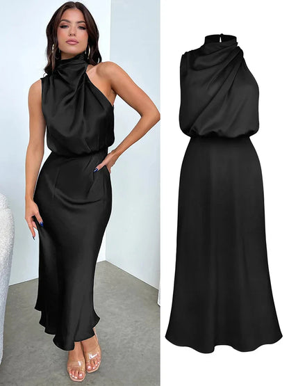 LVSANW Summer High-End Silk Satin Sleeveless Long Dress Women Fashion Elegant Celebrity Dresses Evening Dress Party Clothes Ladies