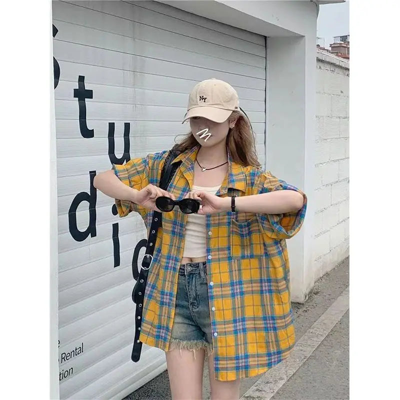 LVSANW Summer Hot Polo_Neck Plaid Short Sleeved Shirt for Women's Loose Slimming Medium Length Fashion Versatile Retro Sweet Coat Top