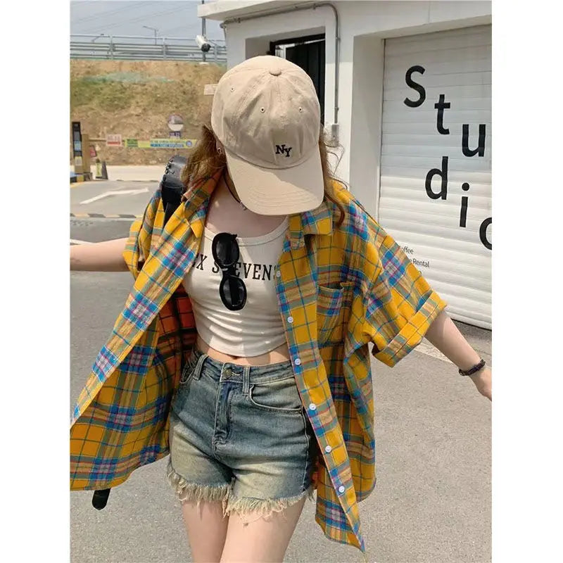 LVSANW Summer Hot Polo_Neck Plaid Short Sleeved Shirt for Women's Loose Slimming Medium Length Fashion Versatile Retro Sweet Coat Top