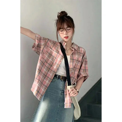 LVSANW Summer Hot Polo_Neck Plaid Short Sleeved Shirt for Women's Loose Slimming Medium Length Fashion Versatile Retro Sweet Coat Top