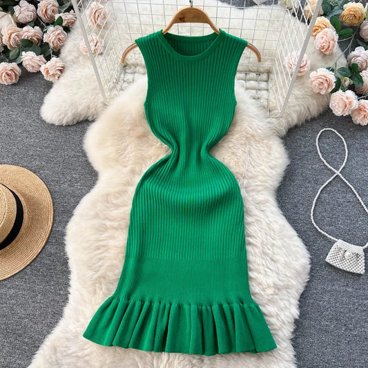 LVSANW Summer Knitted Bodycon Sexy Dress 2024 O Neck Sleeveless Ruffled Party Sundress High Street Elastic Slim Short Dress