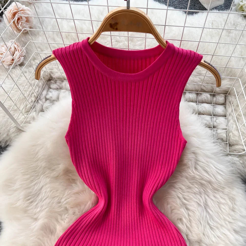 LVSANW Summer Knitted Bodycon Sexy Dress 2024 O Neck Sleeveless Ruffled Party Sundress High Street Elastic Slim Short Dress