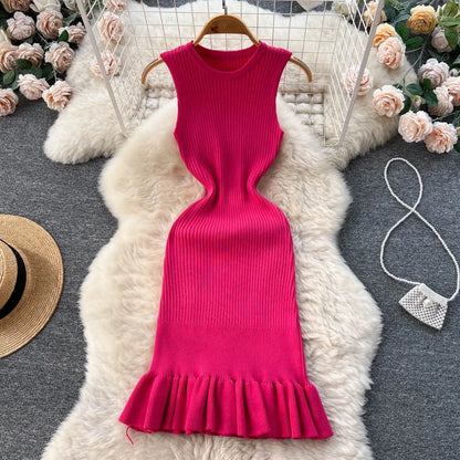 LVSANW Summer Knitted Bodycon Sexy Dress 2024 O Neck Sleeveless Ruffled Party Sundress High Street Elastic Slim Short Dress