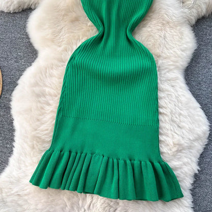 LVSANW Summer Knitted Bodycon Sexy Dress 2024 O Neck Sleeveless Ruffled Party Sundress High Street Elastic Slim Short Dress