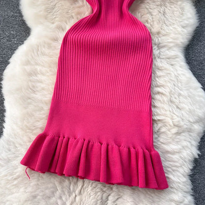 LVSANW Summer Knitted Bodycon Sexy Dress 2024 O Neck Sleeveless Ruffled Party Sundress High Street Elastic Slim Short Dress