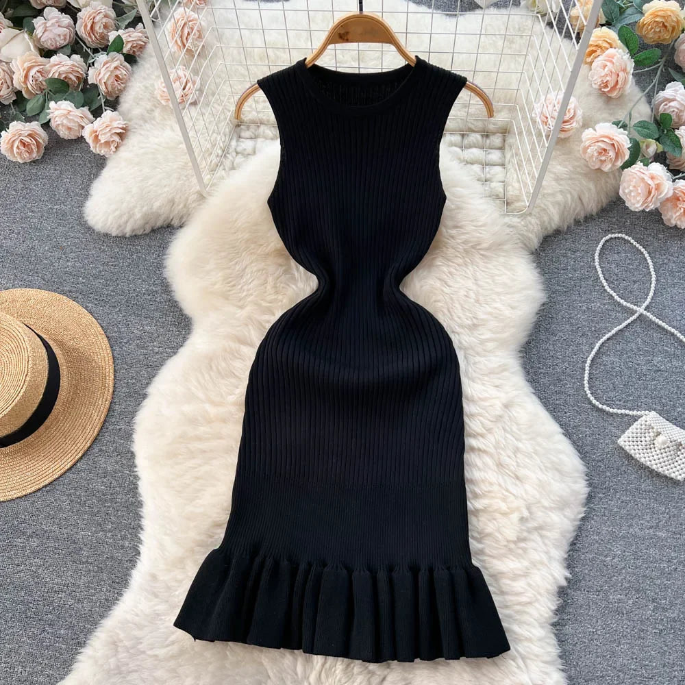 LVSANW Summer Knitted Bodycon Sexy Dress 2024 O Neck Sleeveless Ruffled Party Sundress High Street Elastic Slim Short Dress