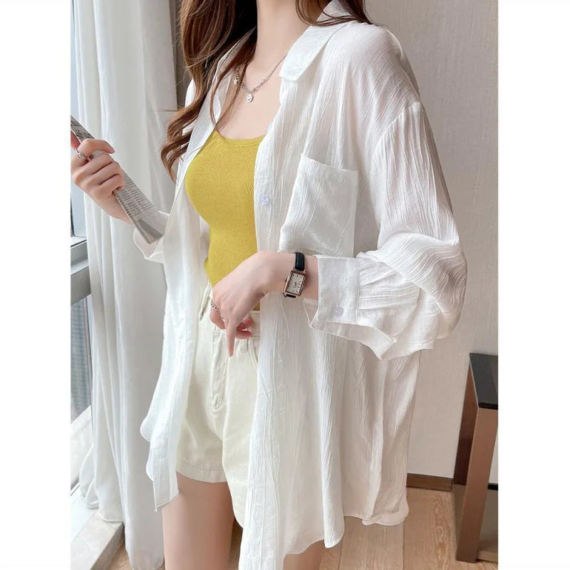 LVSANW Summer Ladies Ice Silk Sunscreen Long Sleeve Shirt New Super Fairy Air Conditioned Clothing Cardigan Thin Casual Shirt Jacket