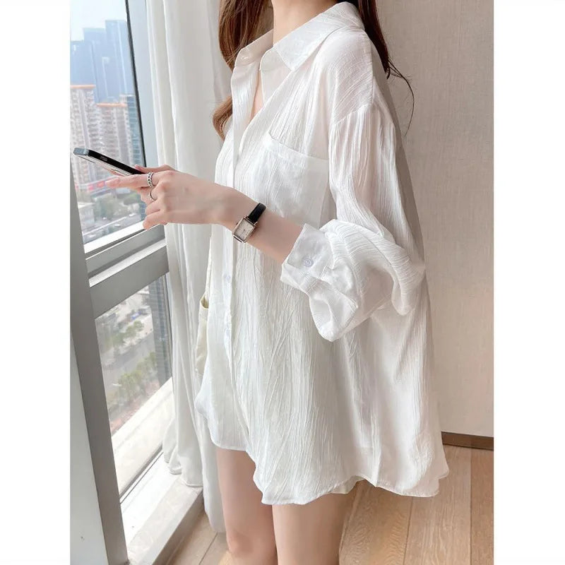 LVSANW Summer Ladies Ice Silk Sunscreen Long Sleeve Shirt New Super Fairy Air Conditioned Clothing Cardigan Thin Casual Shirt Jacket