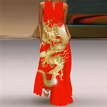 LVSANW Summer Long Dress Women Sleeveless Loose V-neck Elegant Dresses Party 2024 New Ink Painting 3D Print Vintage Chinese Style Dress