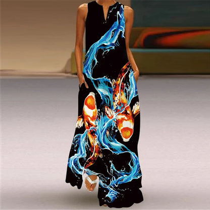 LVSANW Summer Long Dress Women Sleeveless Loose V-neck Elegant Dresses Party 2024 New Ink Painting 3D Print Vintage Chinese Style Dress