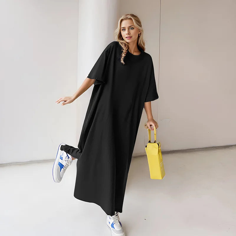 LVSANW Summer Long T Shirt Solid Color Dresses Women Streetwear Crew Neck Casual Loose Top Fashion Short Sleeve Basic Robe Vestidos