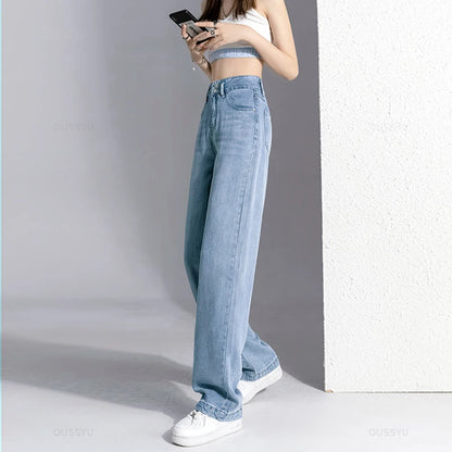 LVSANW Summer Lyocell Thin Women's Wide-Leg Jeans High Waist Slimming Design High Street Mopping Trousers Loose Straight Pants Fashion